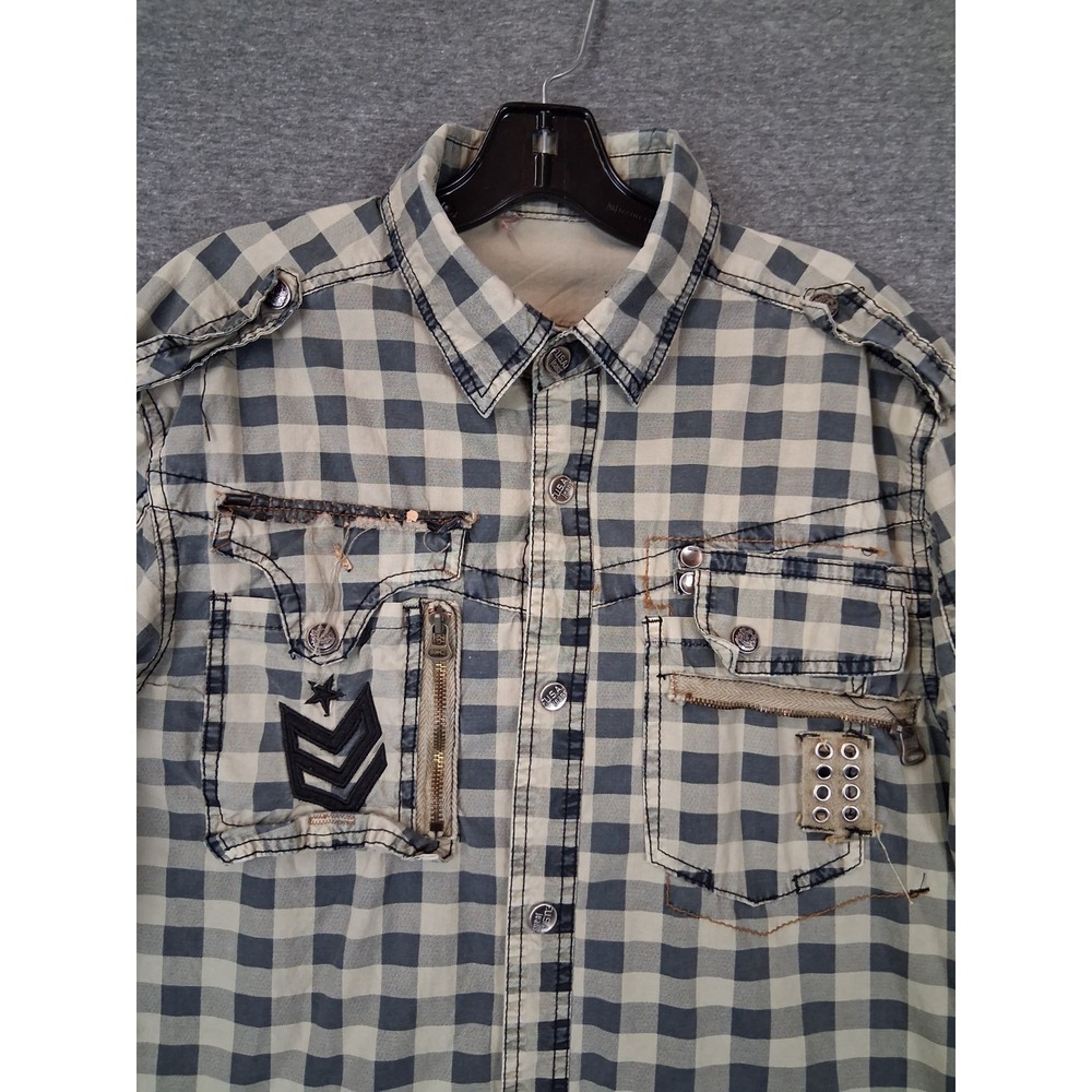 FUSAI Mens Shirt Medium Green Plaid Military Grunge Snap Y2K 90s Utility Casual